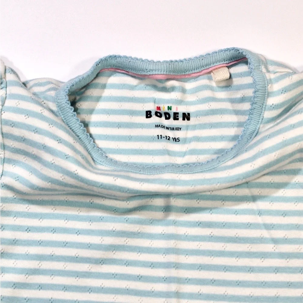Mini Boden Girls Pointelle Striped Short-Sleeve Tee in Light Blue and White